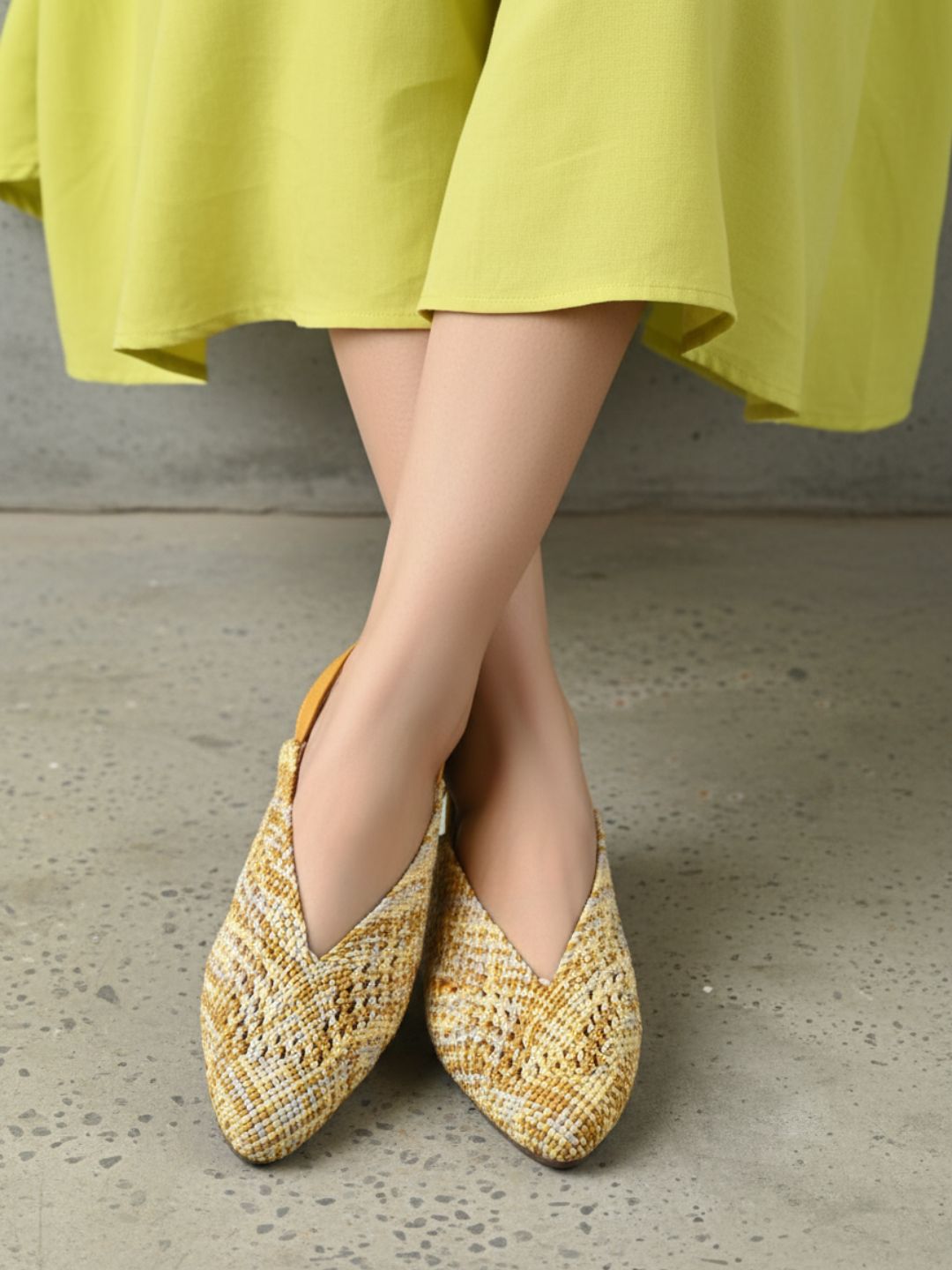 Womens Yellow Ethnic Printed Round Toe Flat Mules