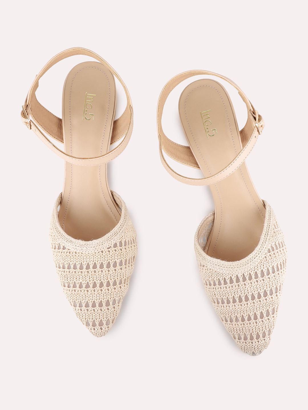 Womens Beige Party Wear Embellished Pointed Toe Block heels