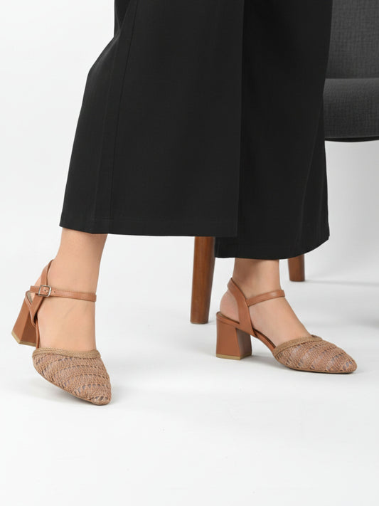 Womens Tan Party Wear Embellished Pointed Toe Block heels