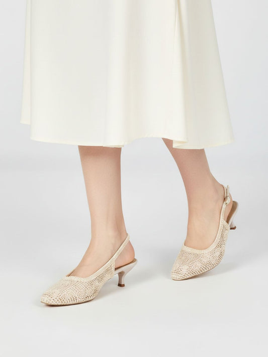 Womens Beige Party Wear Solid Pointed Kitten Heel Mules