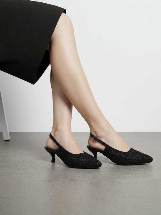 Womens Black Party Wear Solid Pointed Kitten Heel Mules