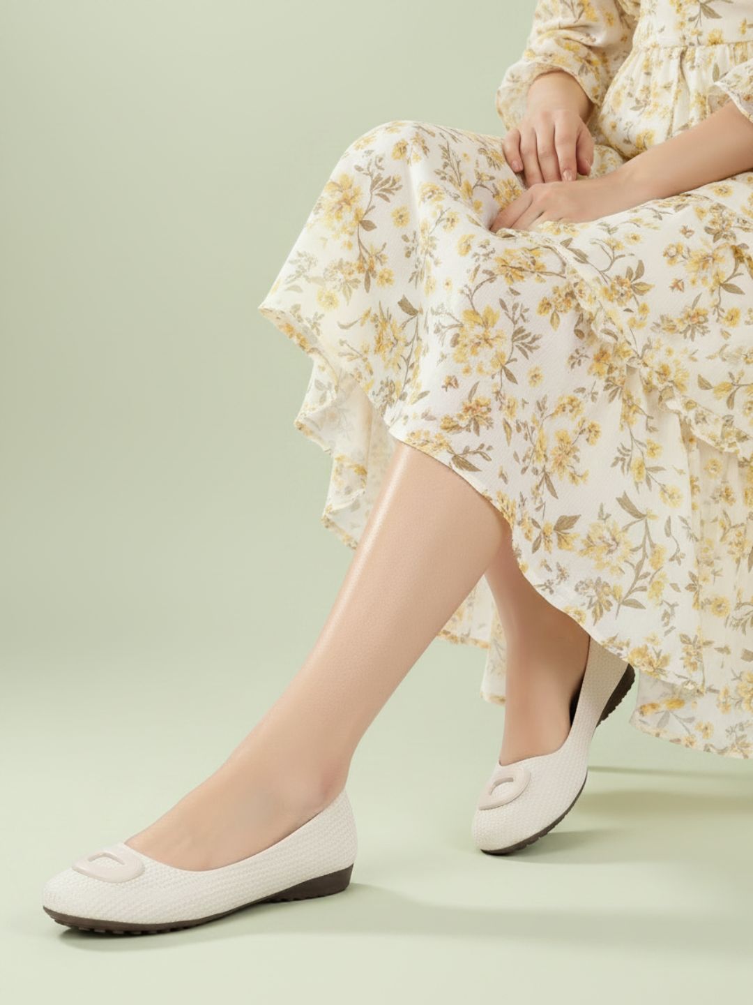 Womens Cream Casual Embellished Pointed Toe Ballerinas