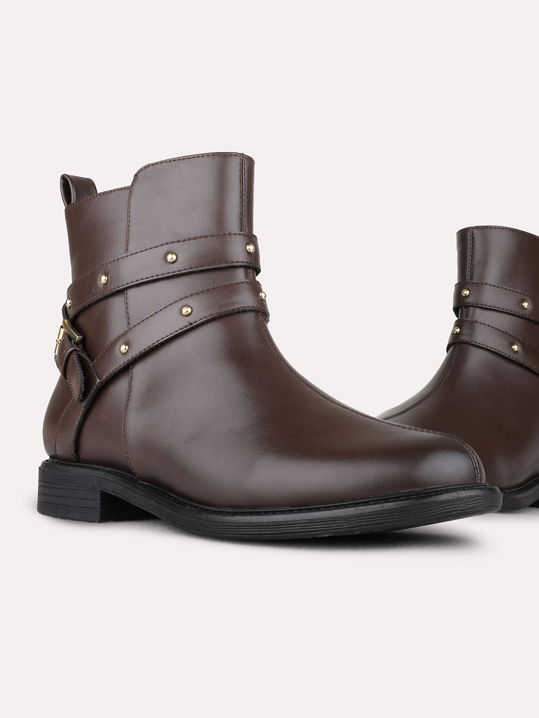 Womens Brown Party Wear Solid Pattern Round Toe Boots