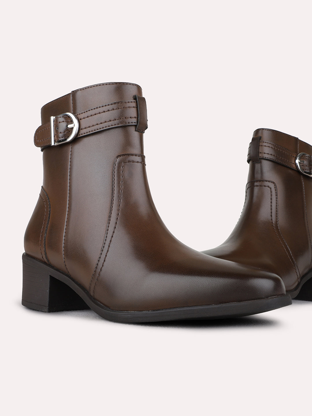 Womens Brown Party Wear Solid Pattern Round Toe Boots
