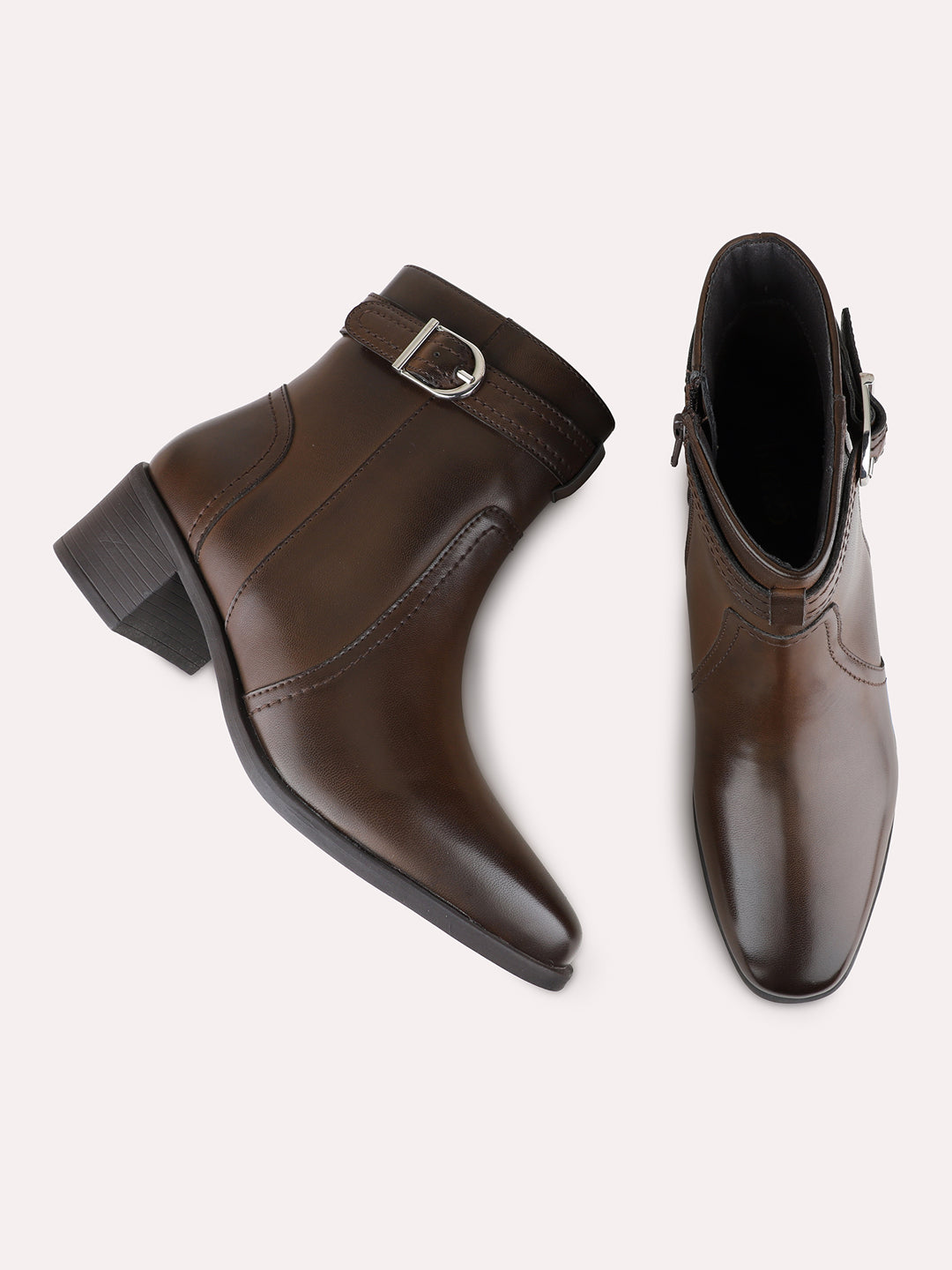 Womens Brown Party Wear Solid Pattern Round Toe Boots