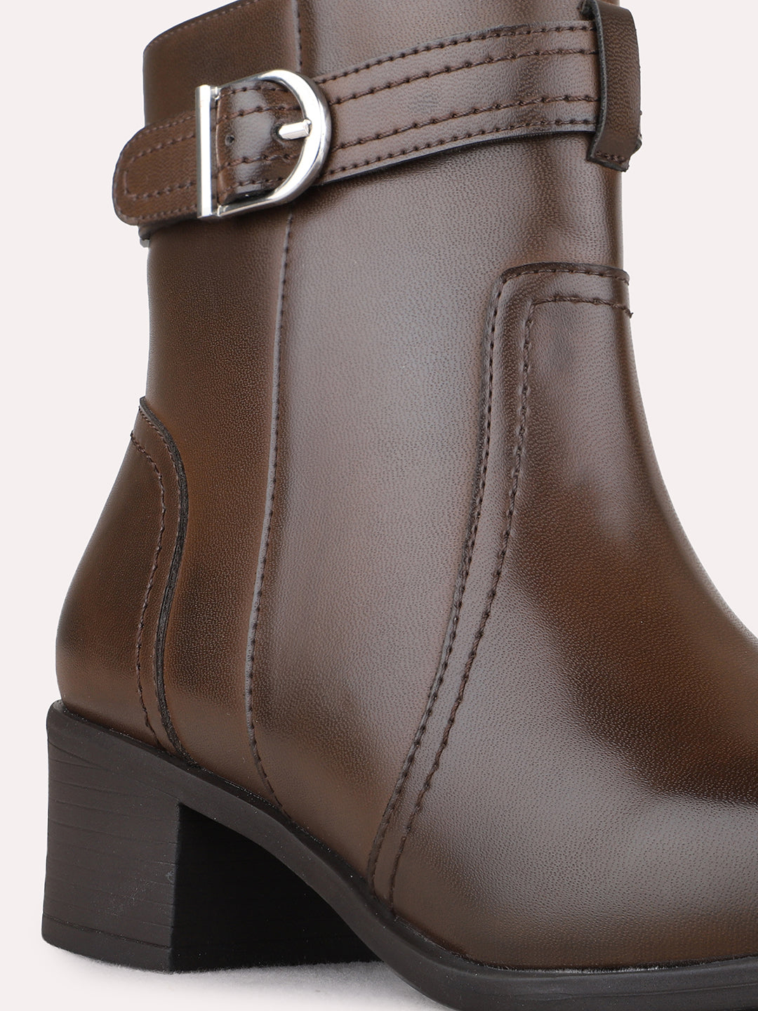 Womens Brown Party Wear Solid Pattern Round Toe Boots