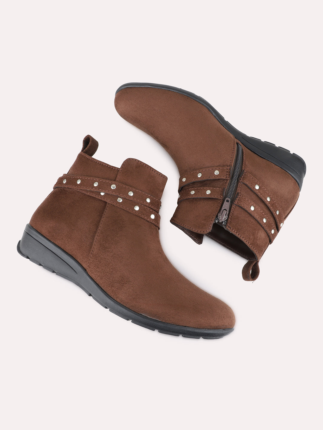 Womens Brown Casual Solid Pattern Round Toe Boots