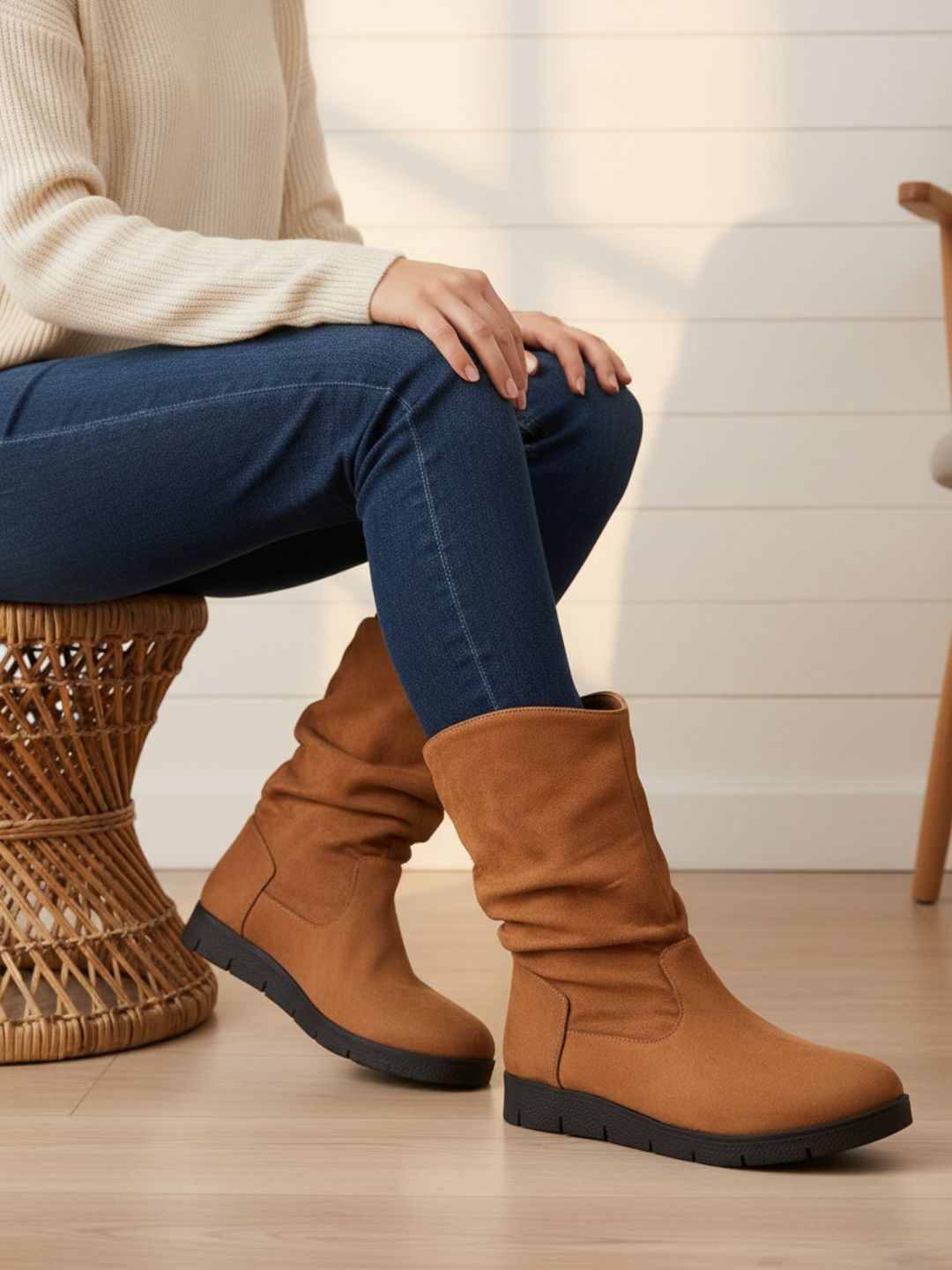 Womens Tan Casual Solid Pattern Round Toe Boots