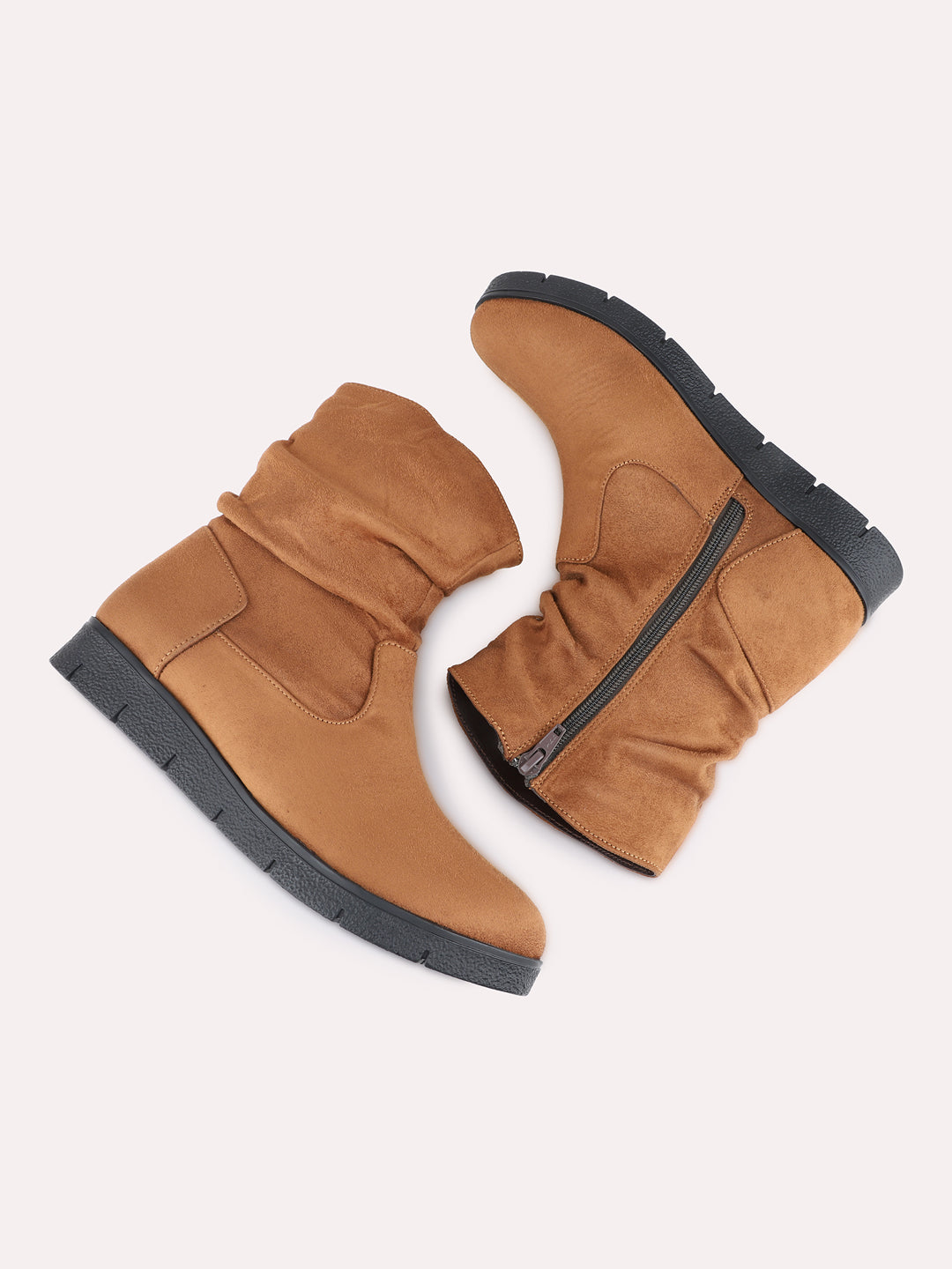 Womens Tan Casual Solid Pattern Round Toe Boots
