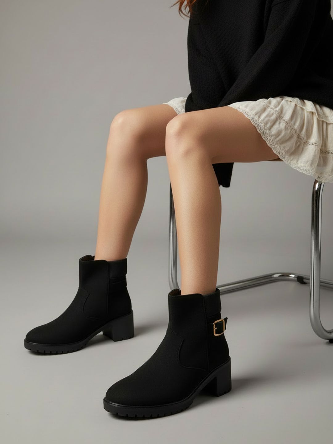 Womens Black Casual Solid Pattern Round Toe Boots
