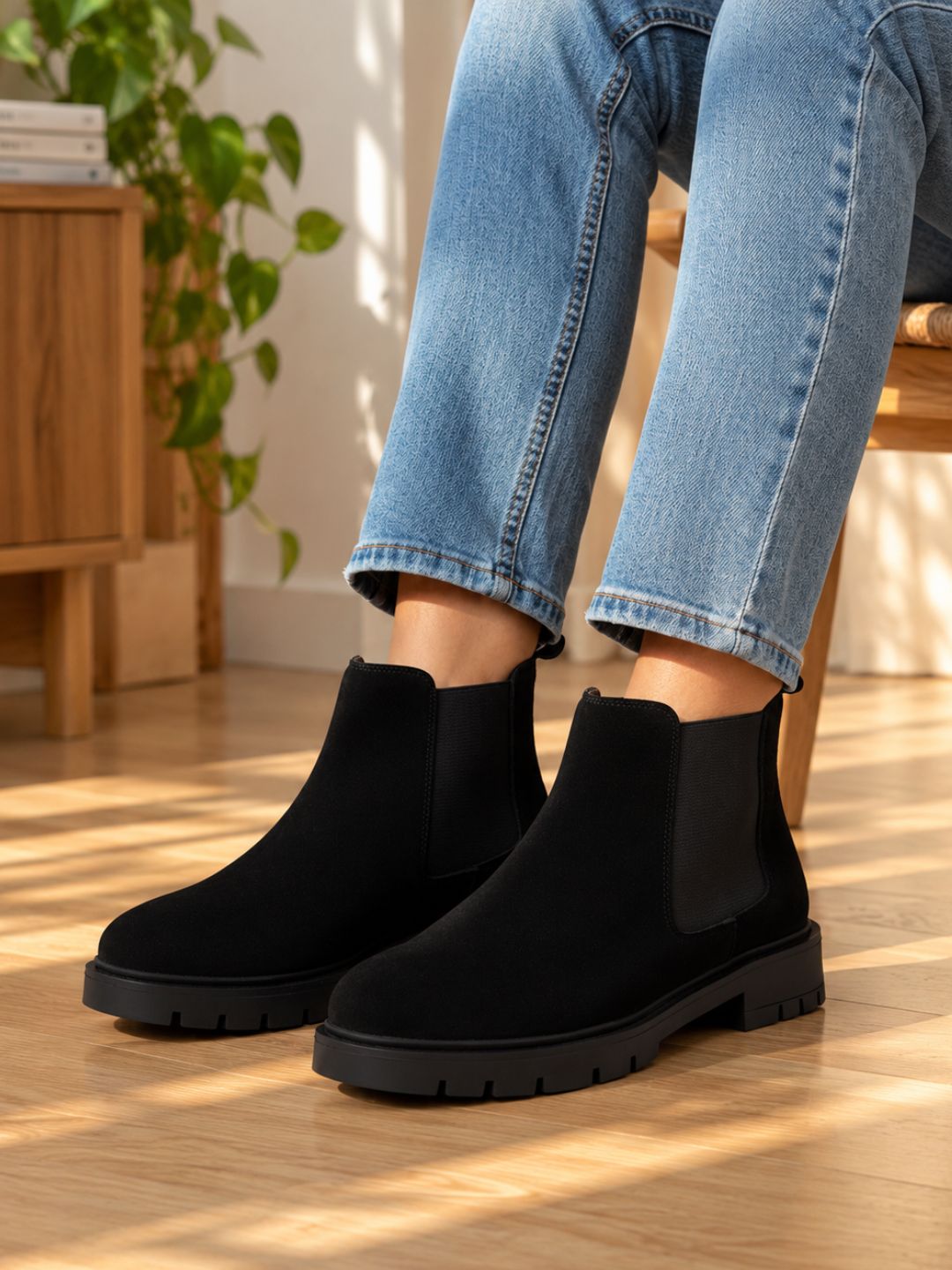 Womens Black Casual Solid Pattern Round Toe Shape Boots
