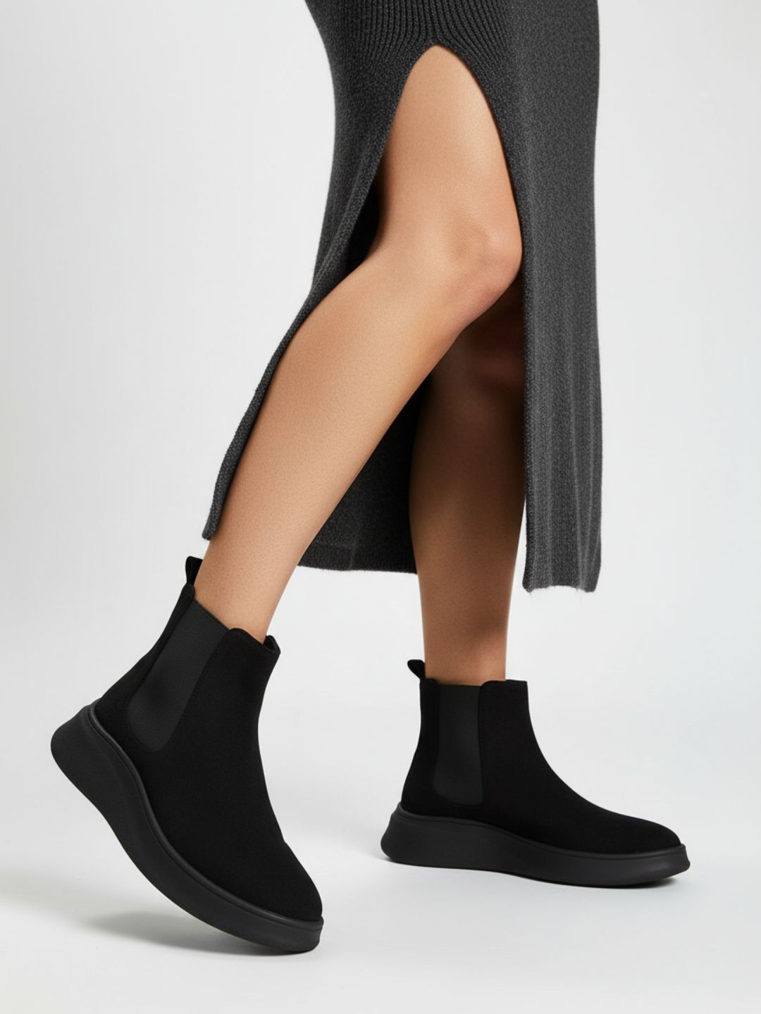 Womens Black Casual Solid Round Toe Shape Boots