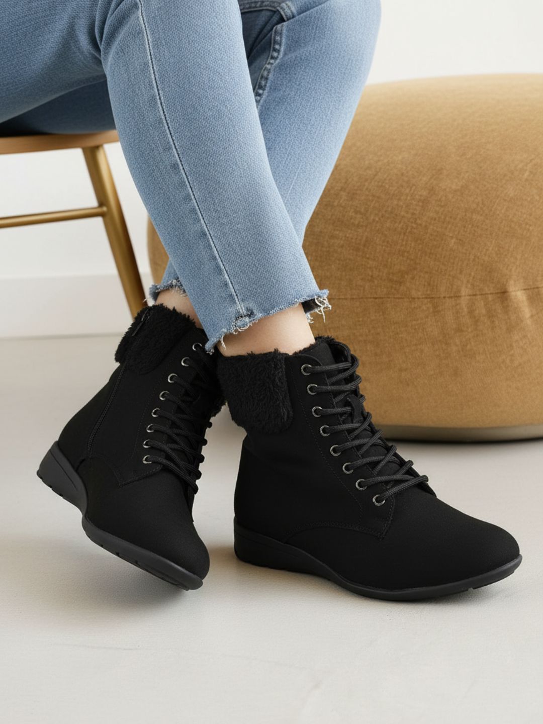 Womens Black Casual Solid Round Toe Boots