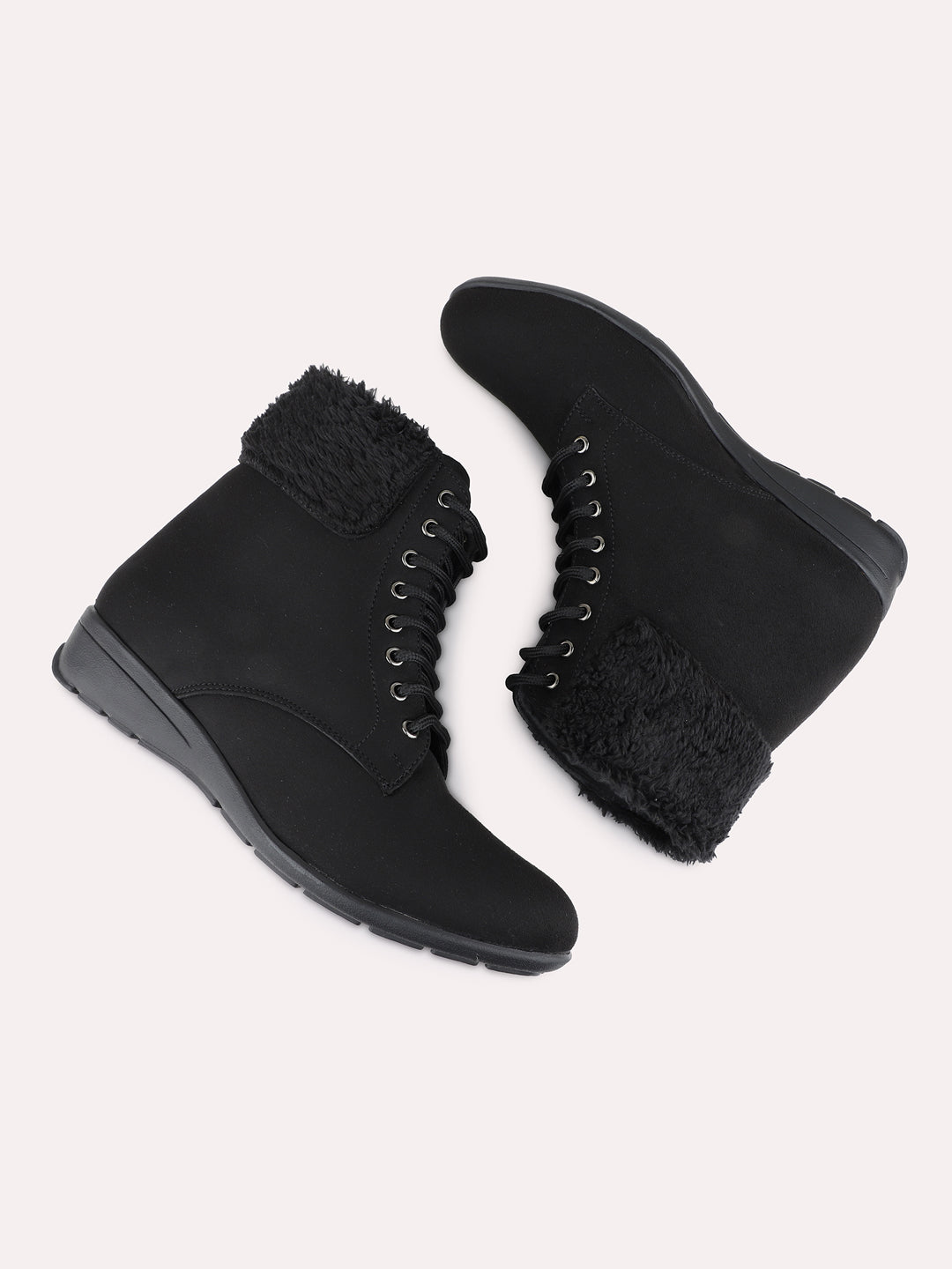 Womens Black Casual Solid Round Toe Boots