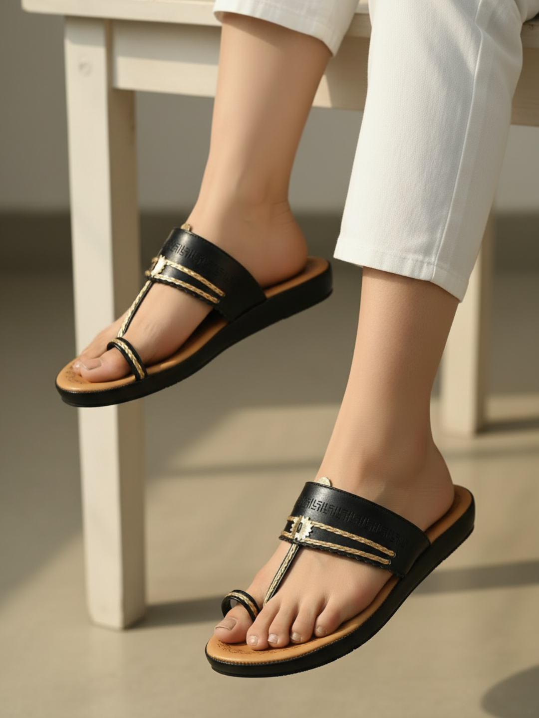 Women Black Gold-Toned One Toe Comfort Sandals