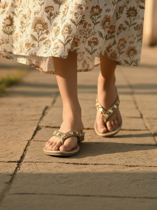 Women Antique Ethnic Embellished Open Toe Flats