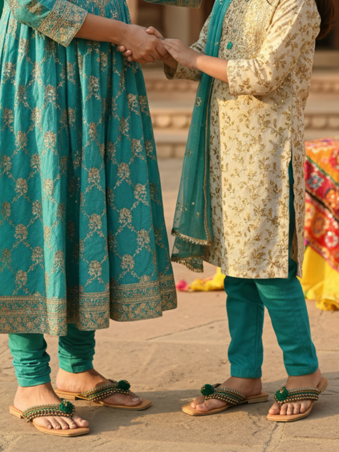 Women Antique Embellished Open Toe Flats With Ankle Bells