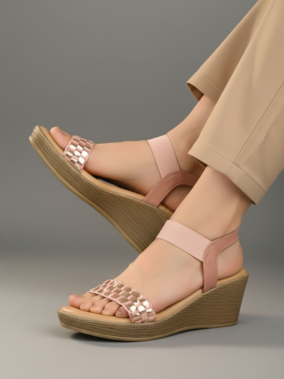 Womens Peach Party Wear Solid Round Toe Wedges Heels