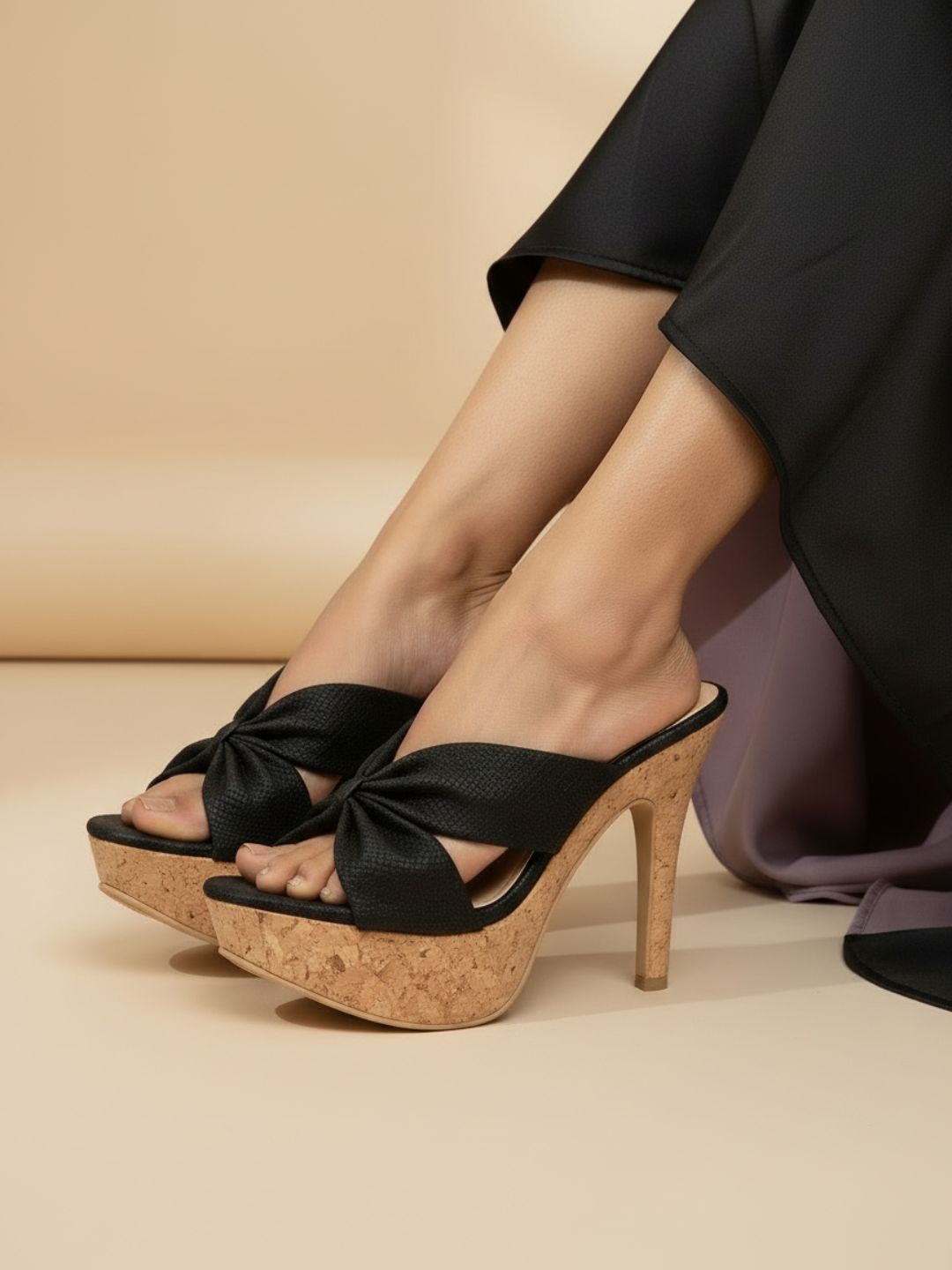 Women Black Textured Platform Heels