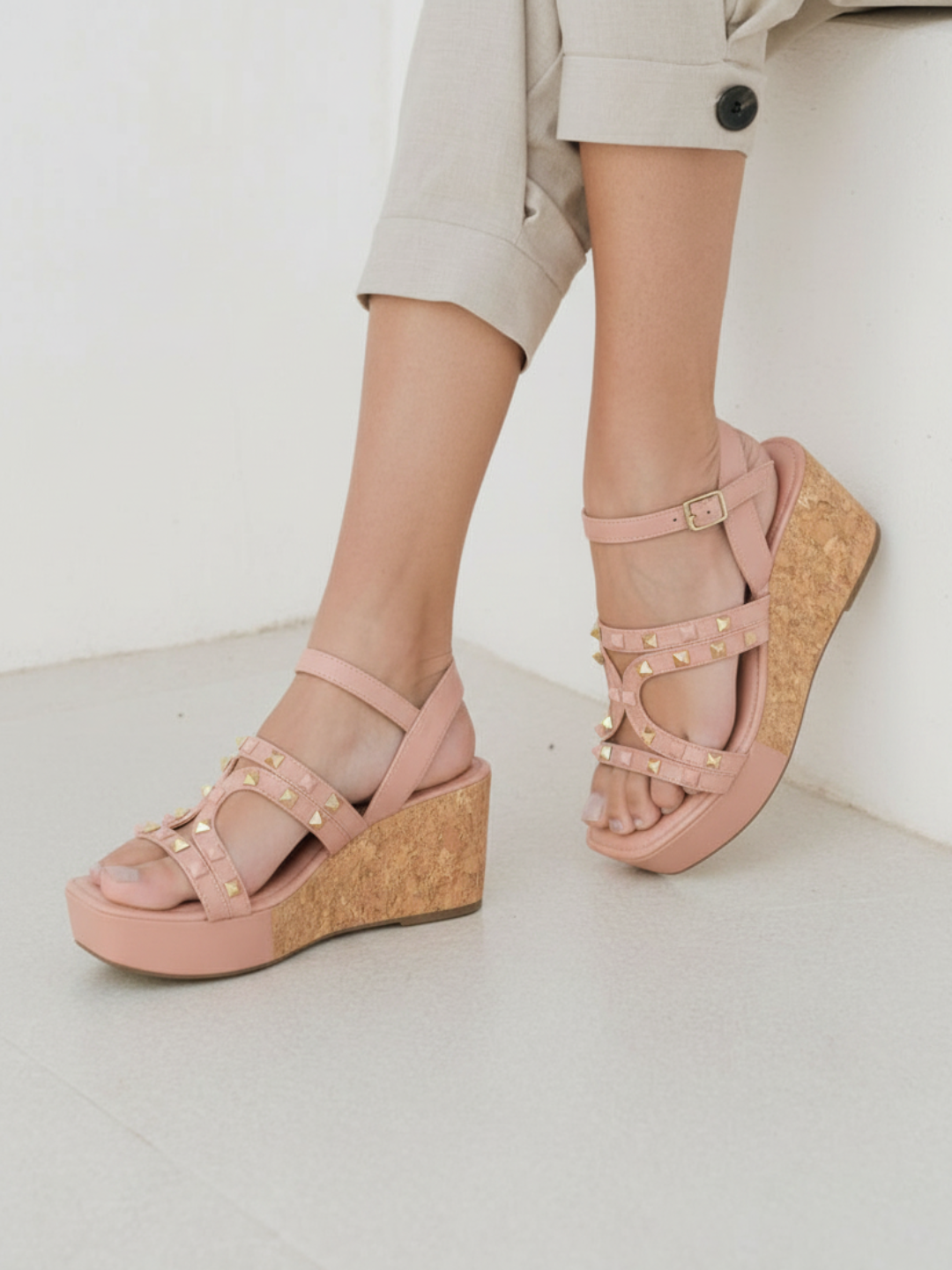 Women Peach Studded Open Toe Wedge Heels
