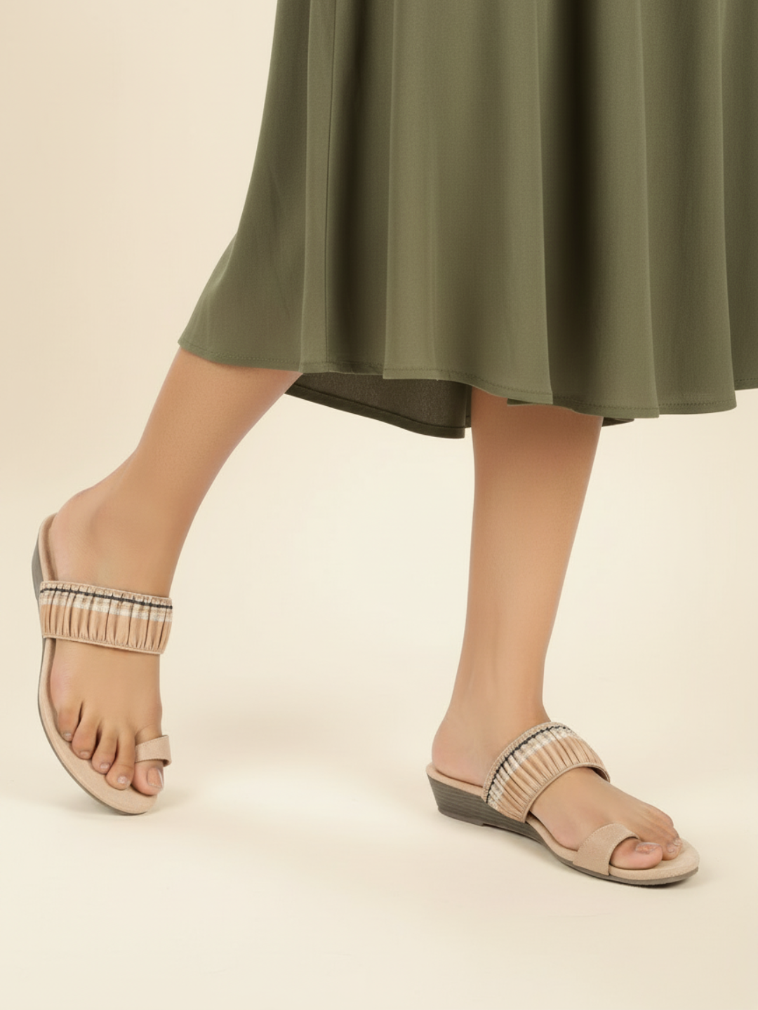 Women Beige-Coloured Textured One-Toe Wedge Heels