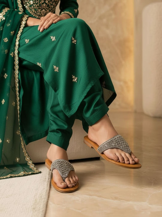 Women Pewter Embellished Ethnic Open Toe Flats