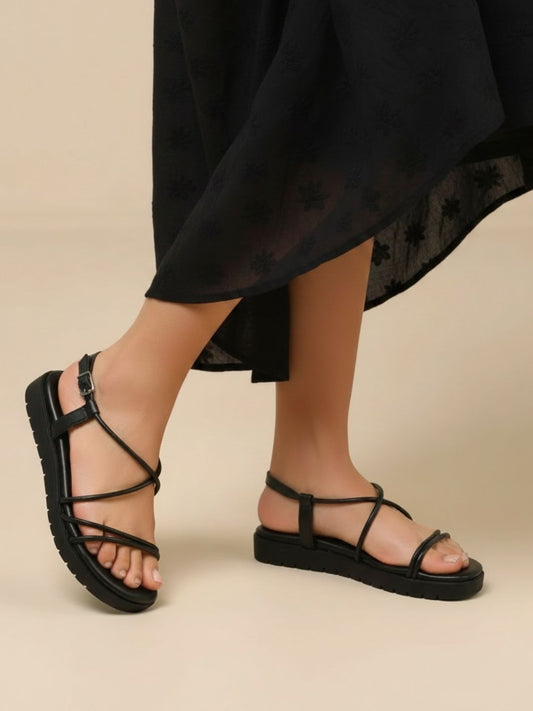 Women Black Striped Open Toe Flats With Backstrap