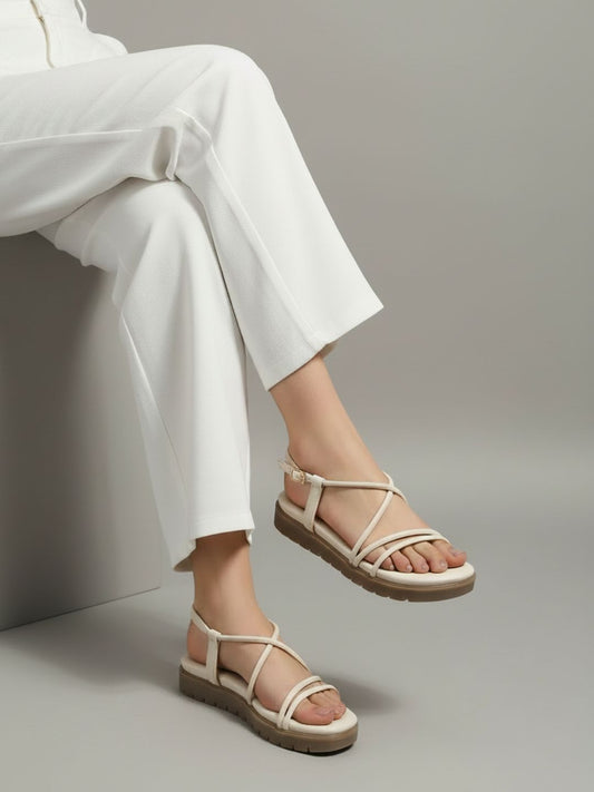 Women Cream Striped Open Toe Flats With Backstrap