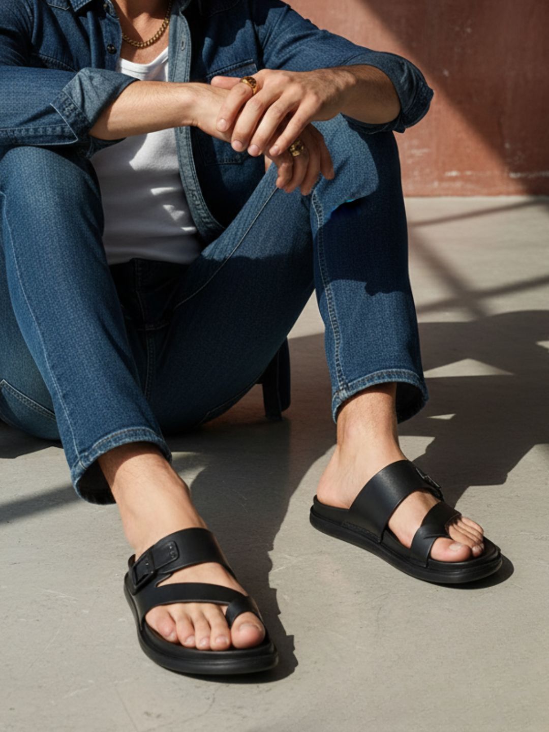 Atesber Black Crossed Toe Post Formal Sandal For Mens