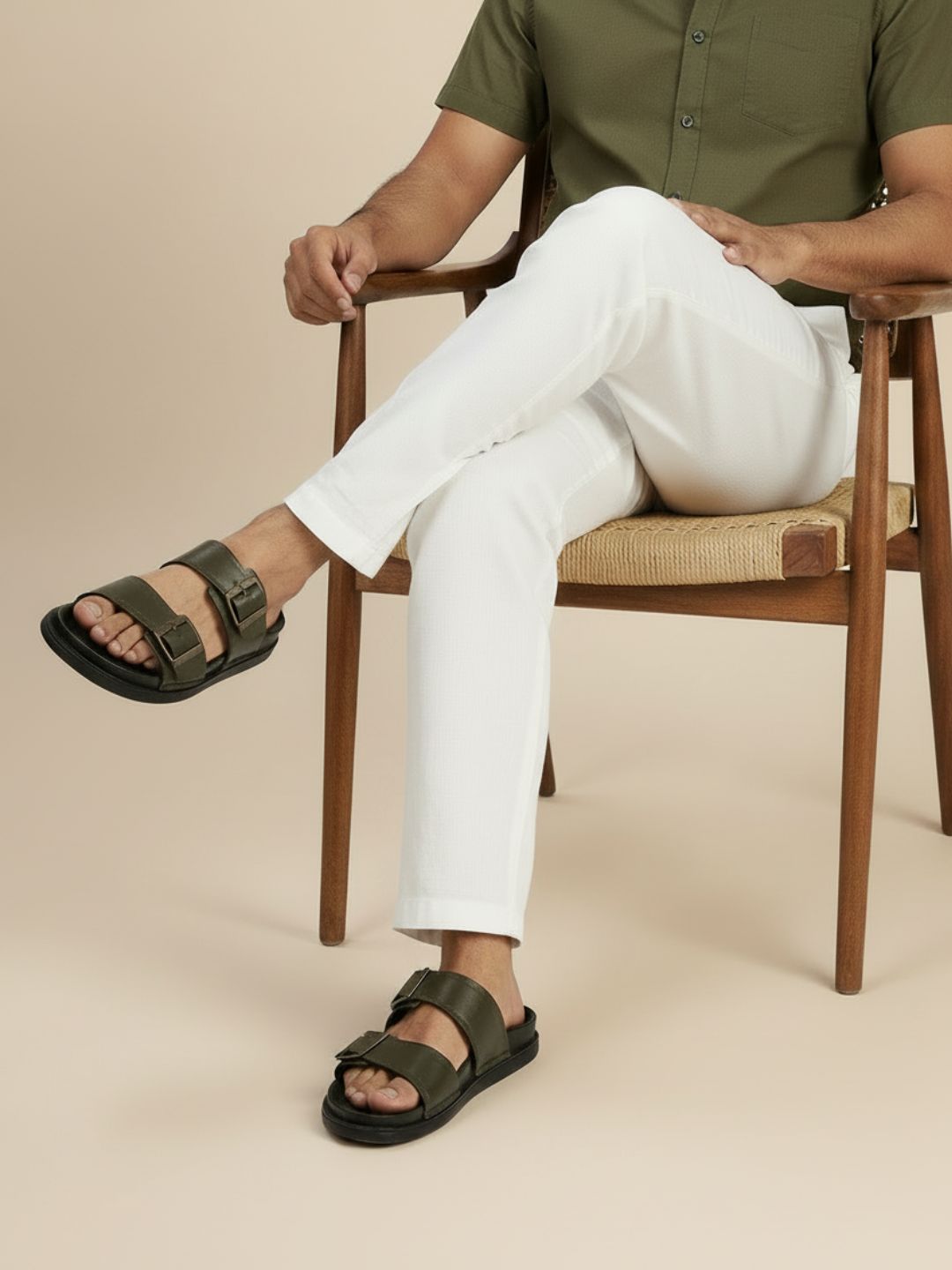 Atesber Olive Casual Sandal With Buckle For Men