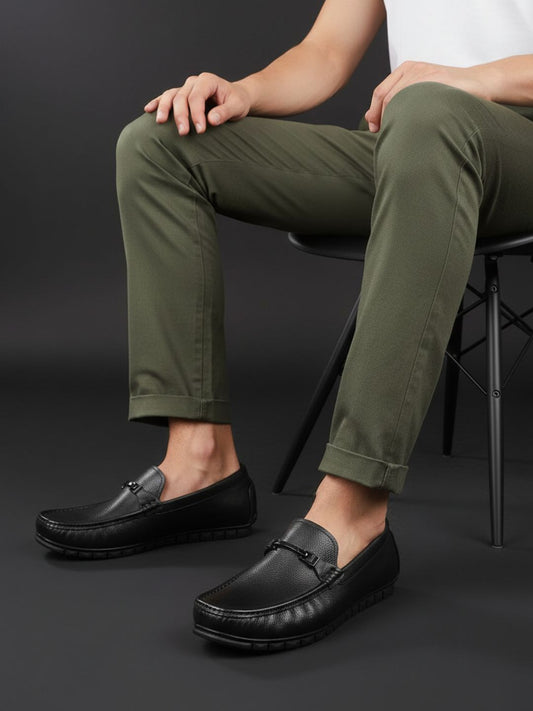 Atesber Black Textured Loafer Shoes For Men