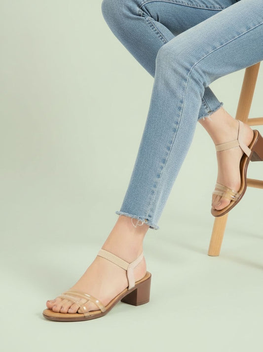 Women Beige Transparent Solid Block Heels