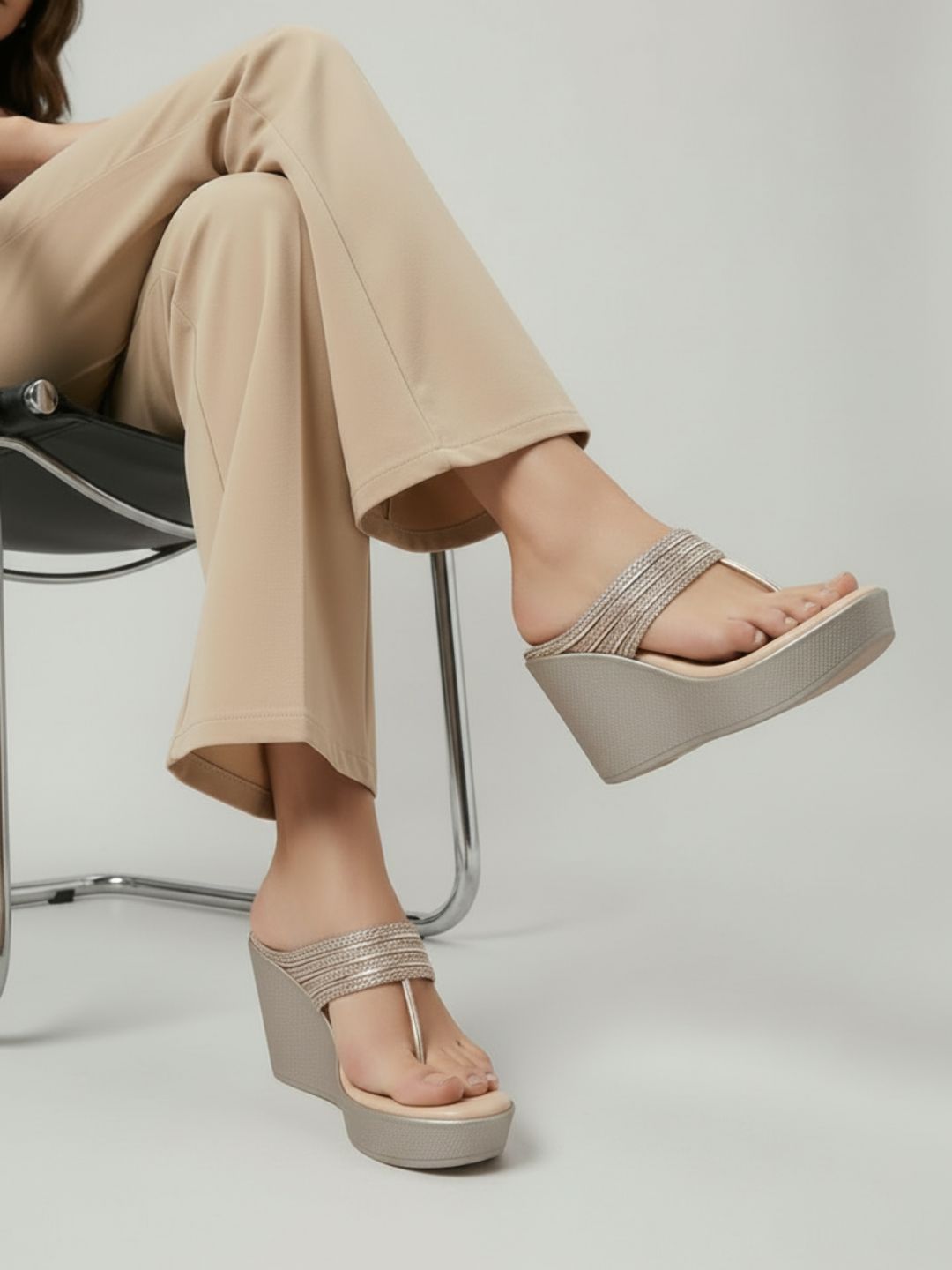 Women Rose Gold Embellished Party Wedges