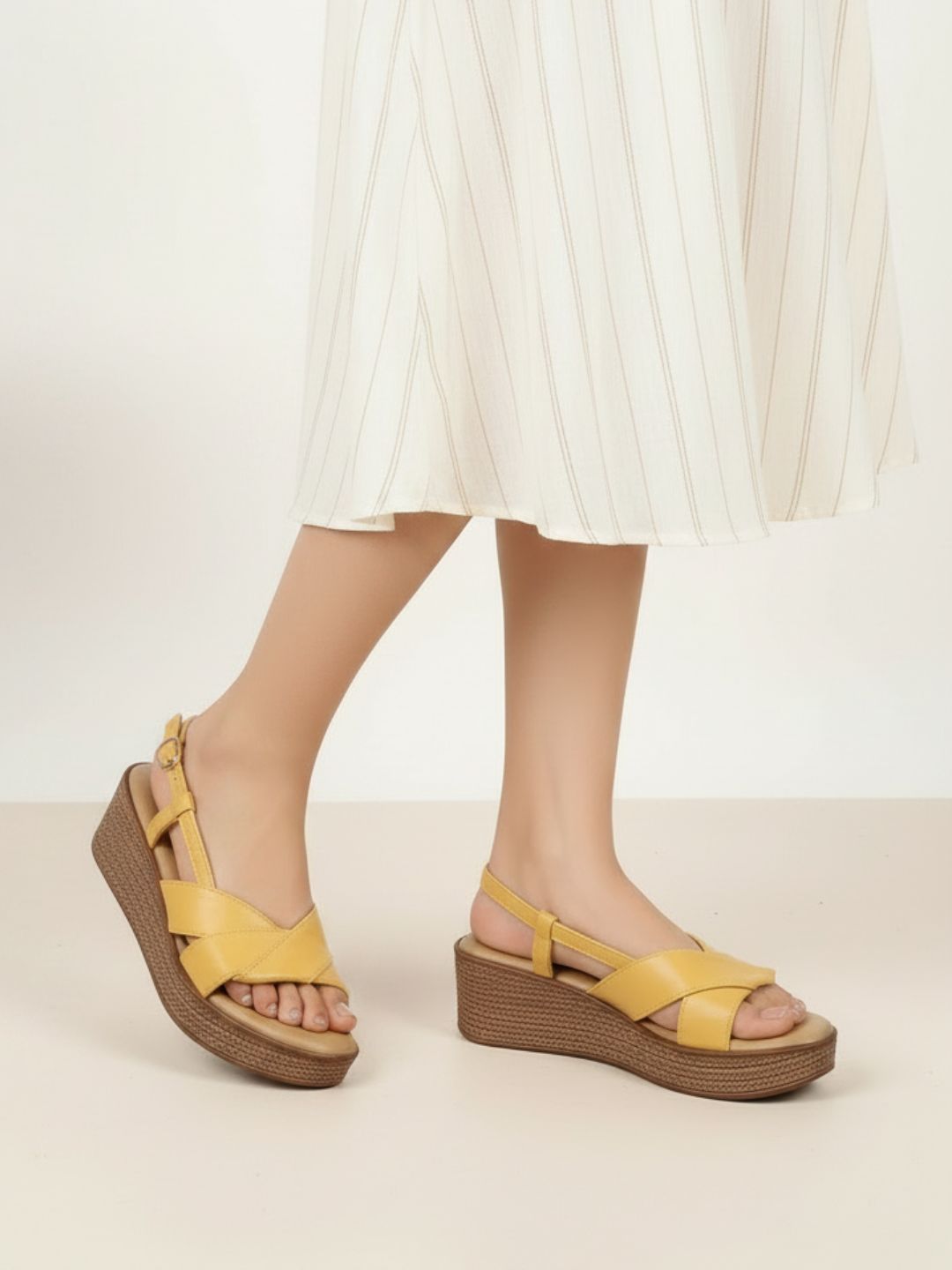Women Mustard Textured Solid Wedges With Buckle Detail
