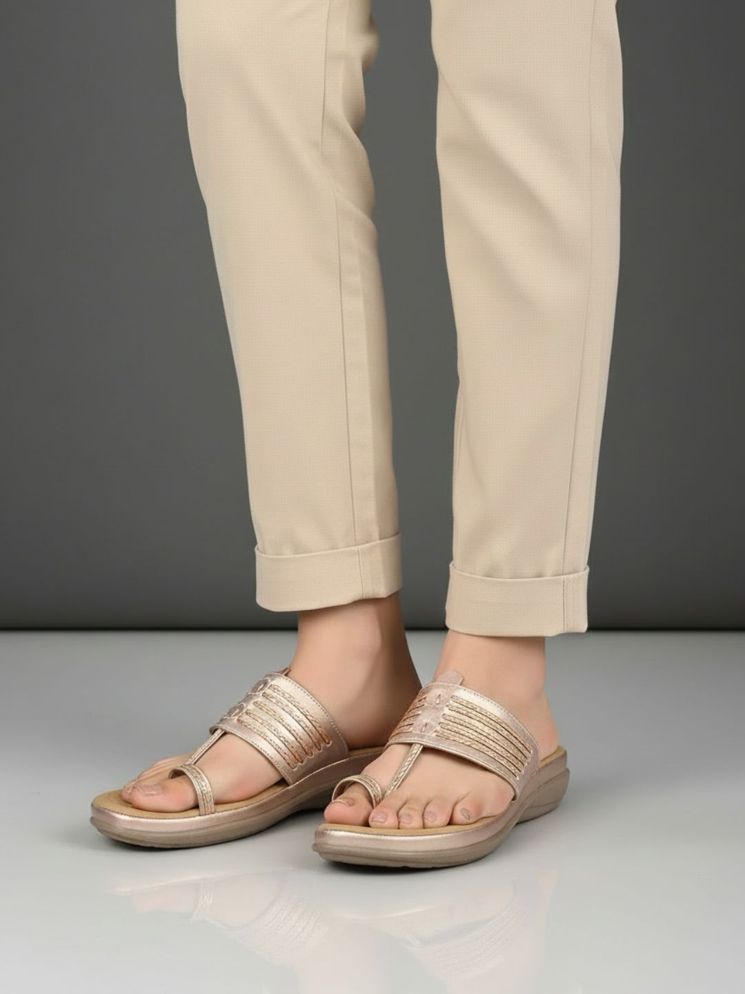 Women Rose Gold Embellished One Toe Comfort Heels