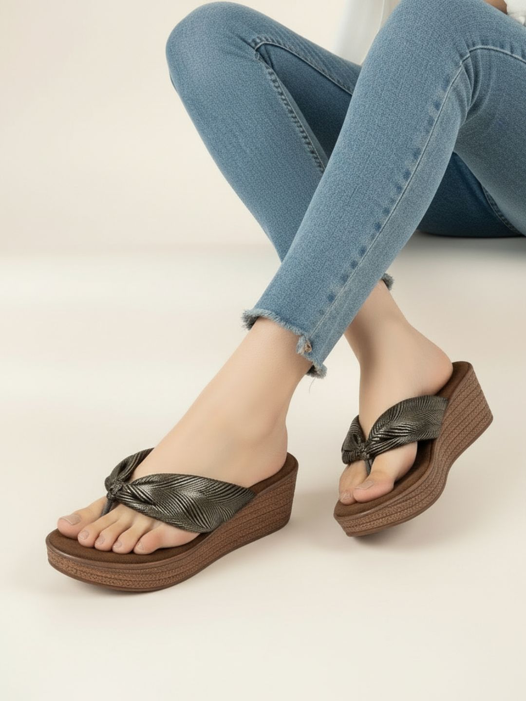 Women Antique Metallic Print Wedge Sandals