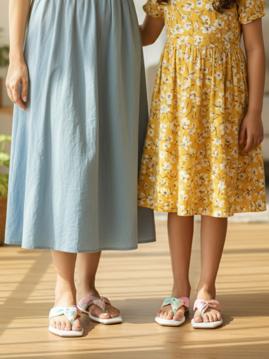 Mom And Daughter wearing sundresses, White and multicoloured open toe flats stand side by side on a wooden floor, with only their lower bodies visible.