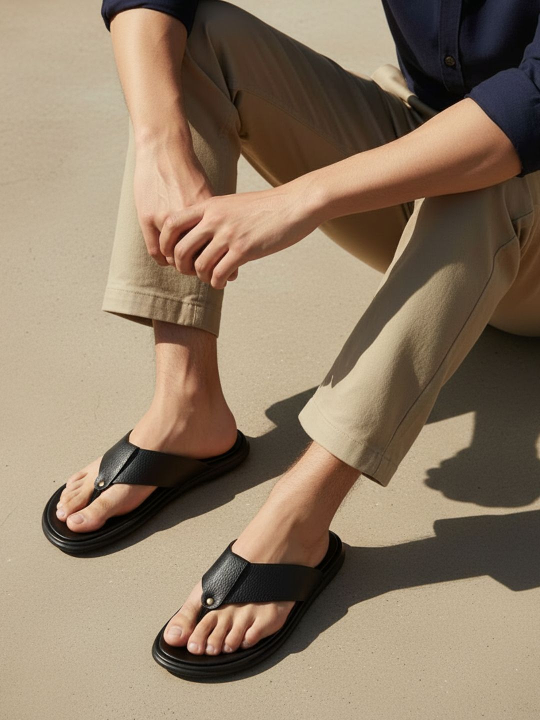 Mens Black Solid Round Toe Flat Leather Sandals