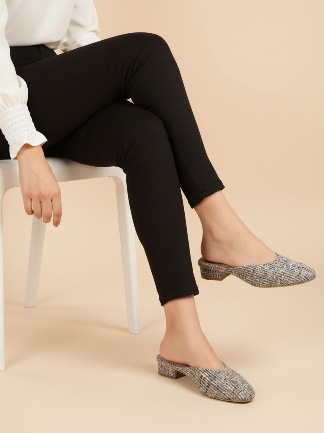 Womens Beige Party Wear Solid Heeled Mules