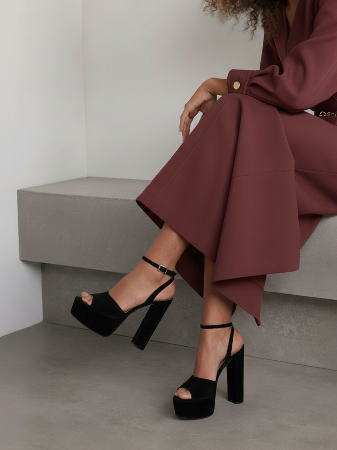 Women Black Solid High-Top Platform Peep Toes with Buckles