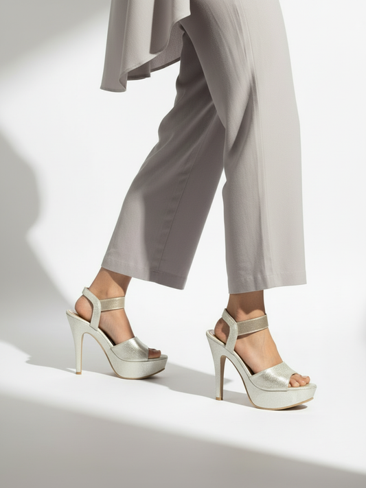 Women Gold Textured & Embellished Party Stiletto Sandals
