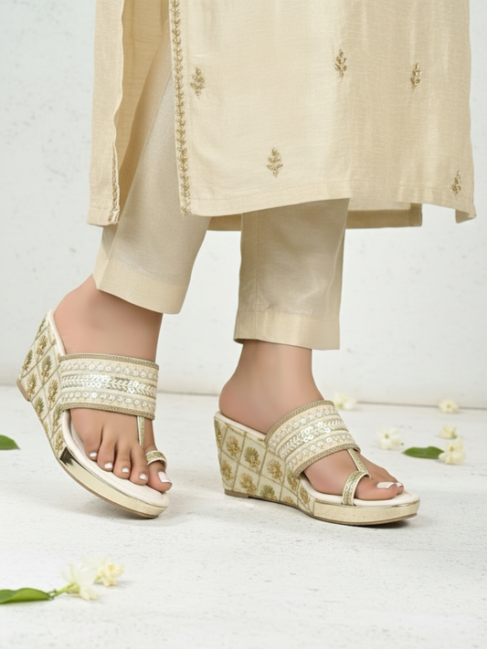 Women Beige Embellished Ethnic Wedge Sandals