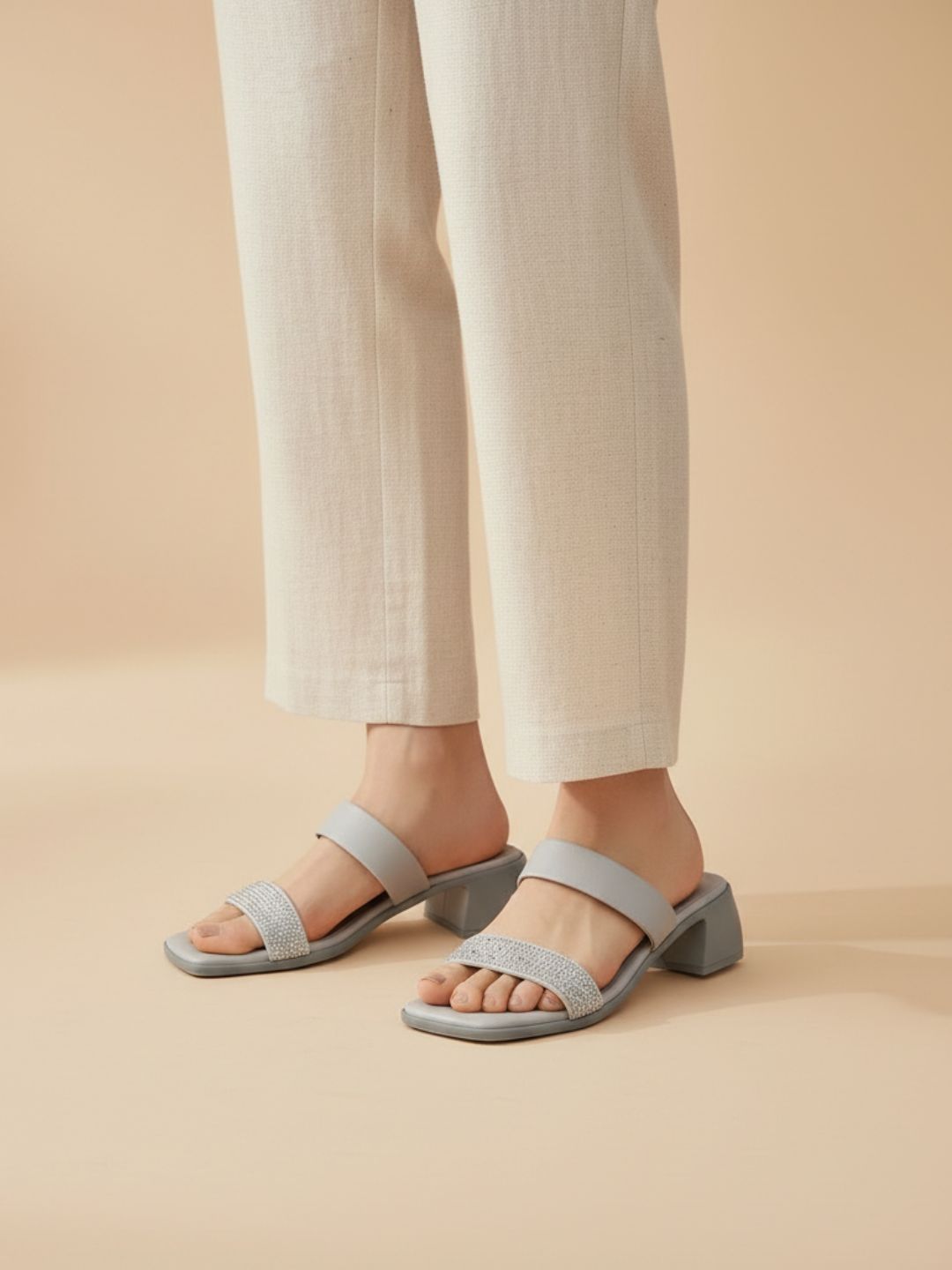 Womens Grey Casual Solid Round Toe Heels