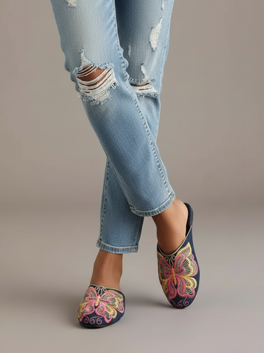 Women Navy Casual Printed Pointed Slip-On Flat Mules
