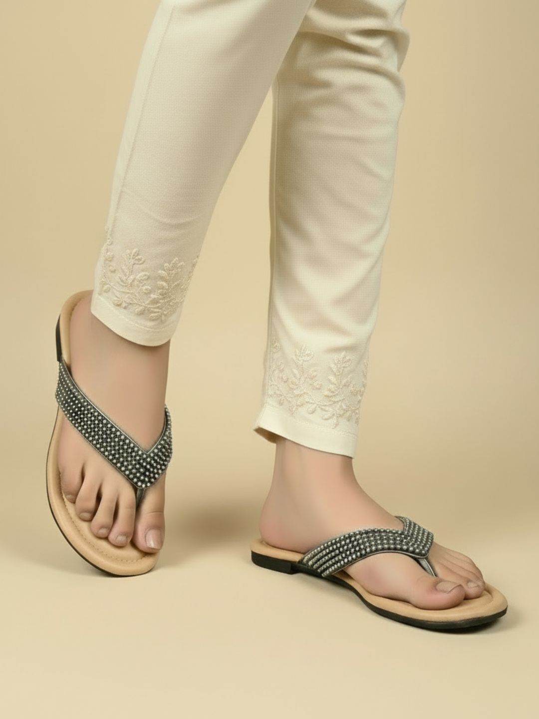 Womens Pewter Ethnic Embellished T-Strap Flats