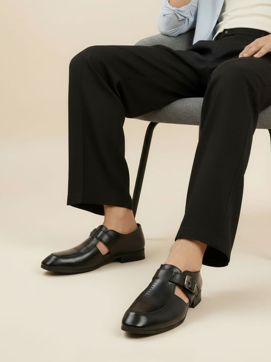 Mens Black Solid Round Toe Formal Leather Monk Shoes