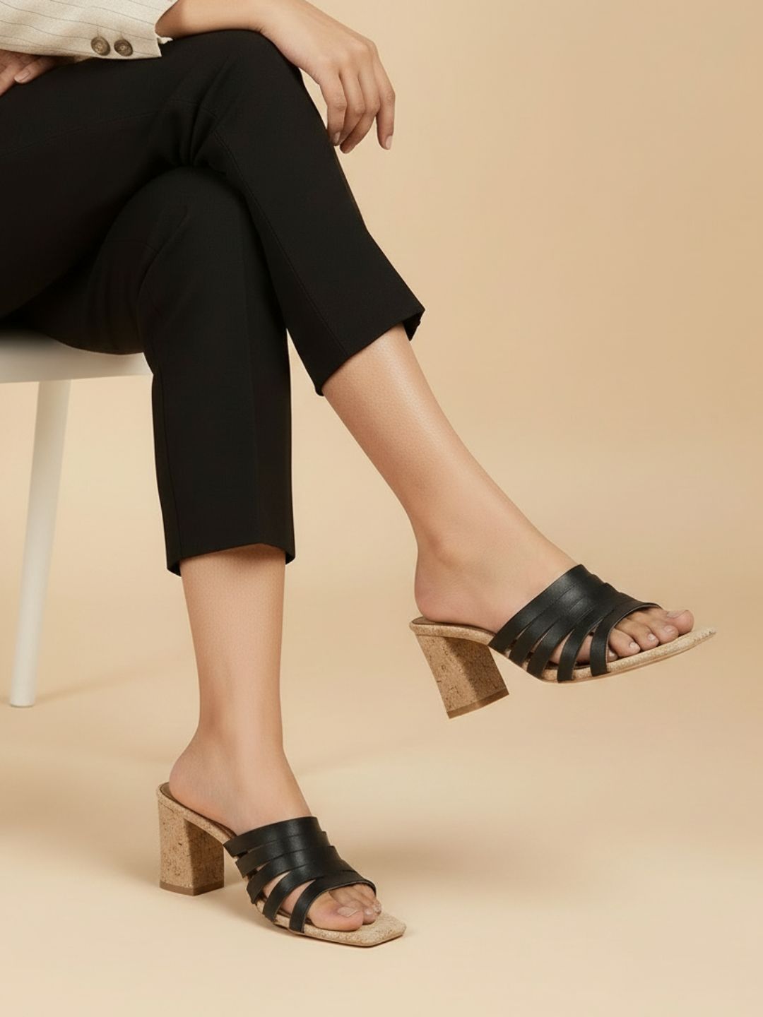 Women Black Casual Open Toe Block Heels