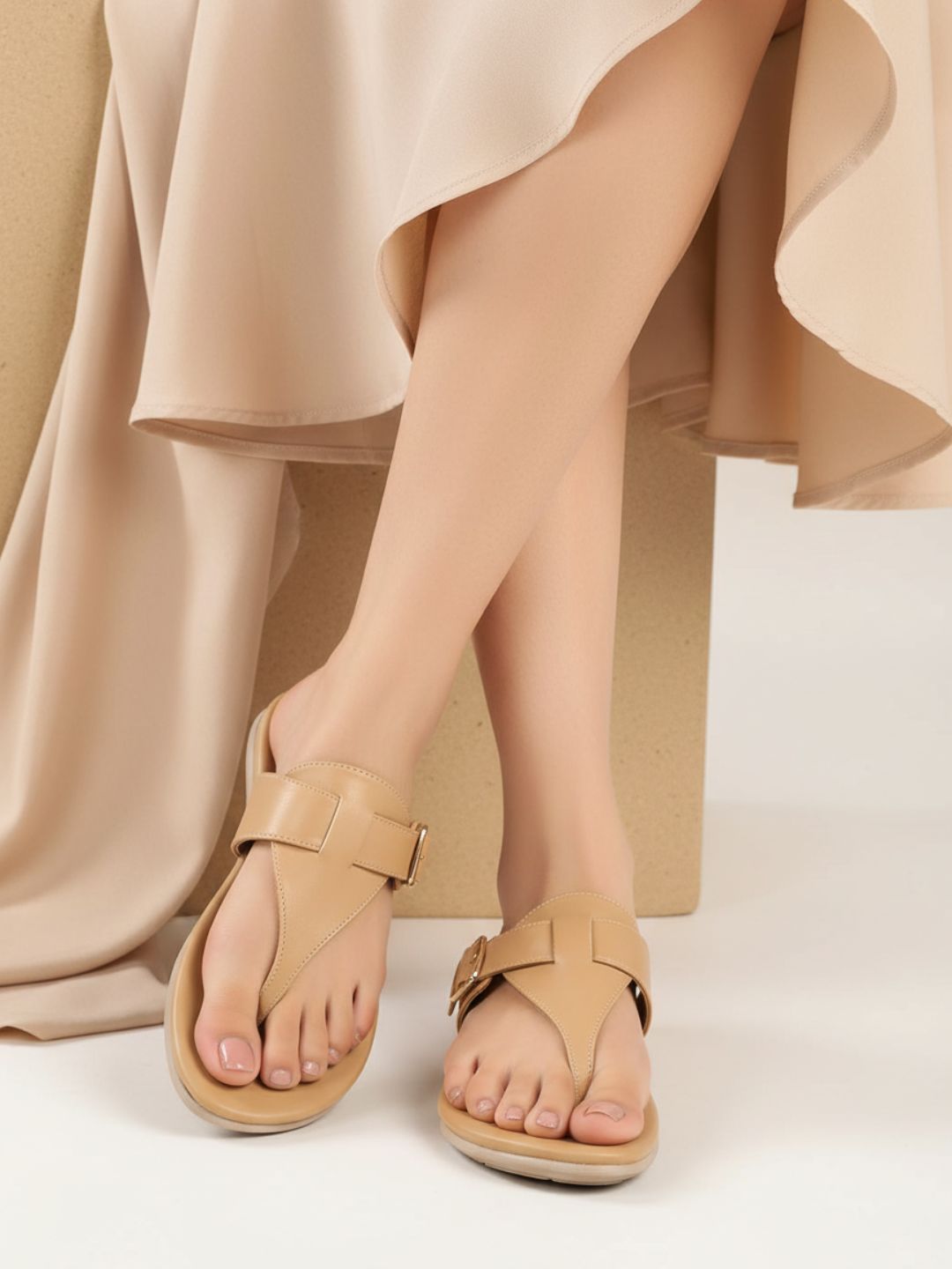 Womens Beige Solid Round Toe Casual Flats
