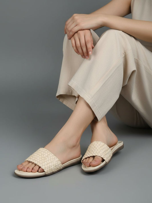 Womens Beige Casual Solid One Toe Slip-On Flats