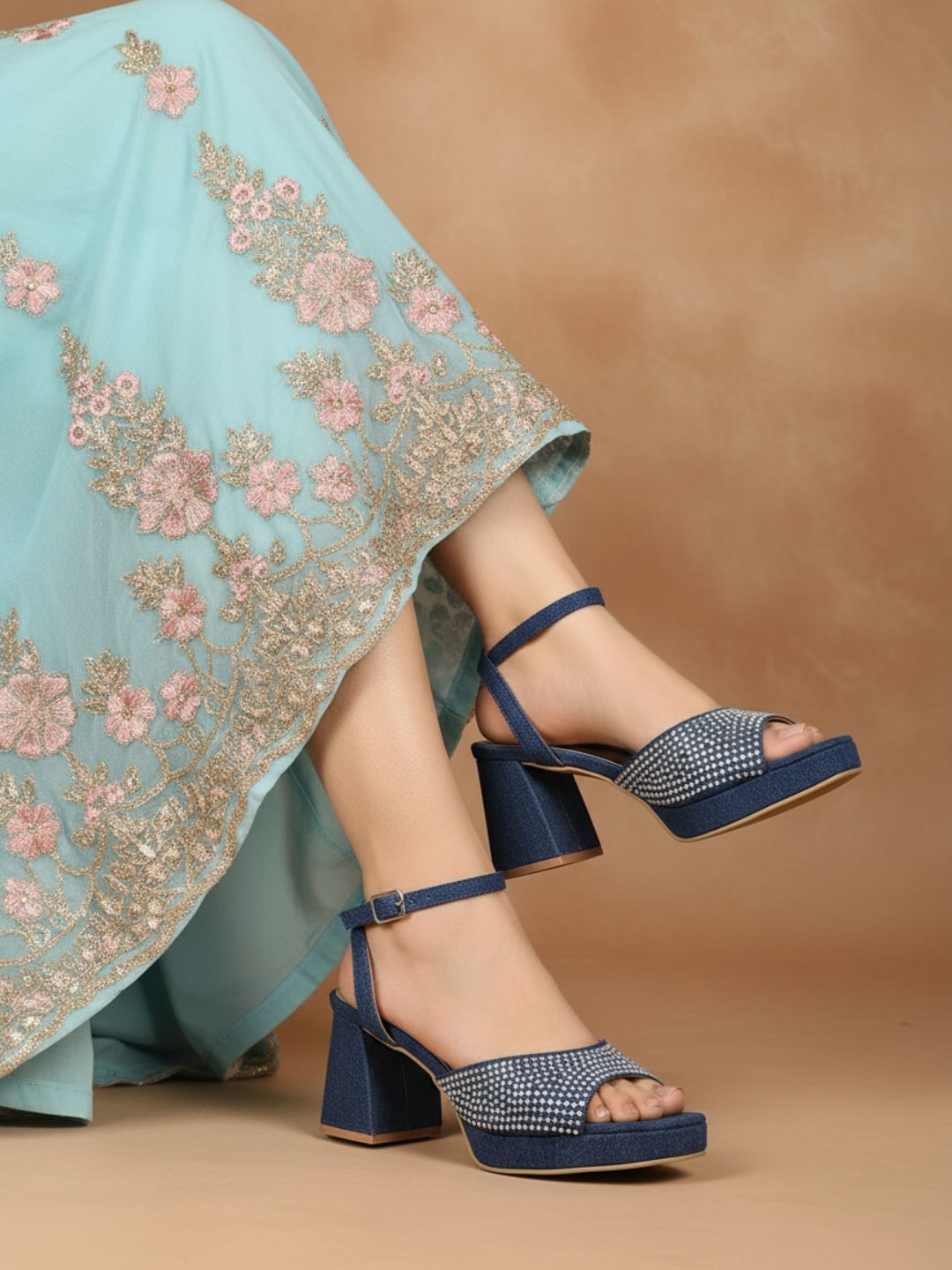 Womens Blue Ethnic Open toe Block Heels